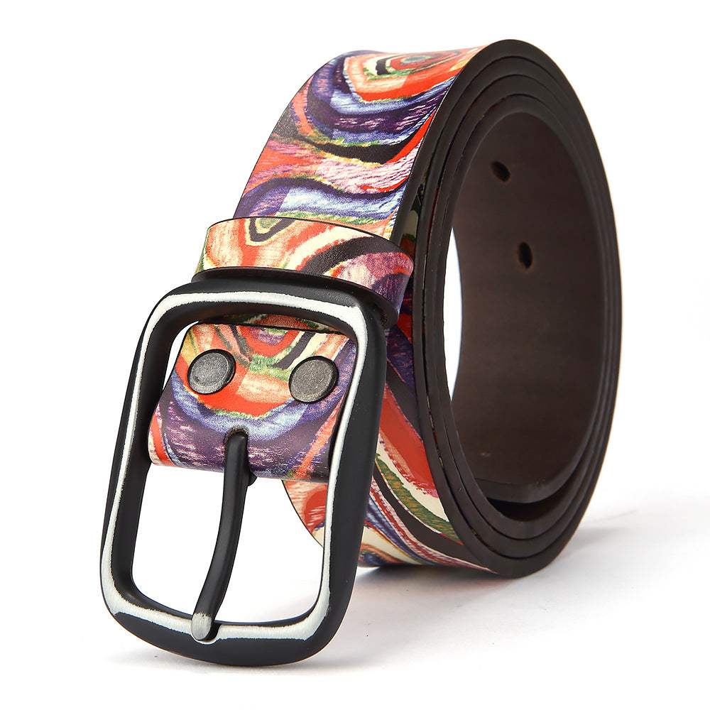 Pure Cowhide Printed Rainbow Graffiti Leather Decorative Belt