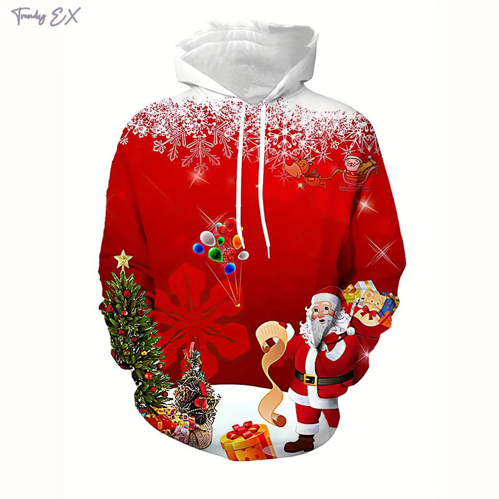 Elk And Santa Claus Printed Hoodie