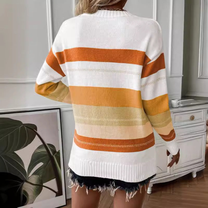 Casual Contrast Color Striped Knitted Long Sleeve Sweater