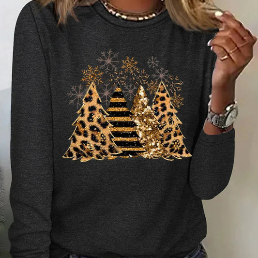 European And American Women's Printed Round Neck Long-sleeved T-shirt