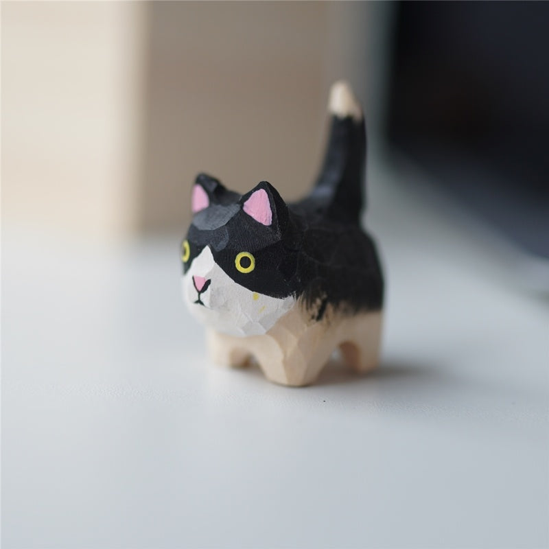 Wood Carving Little Black Cat Mini Doll Decoration Handicraft