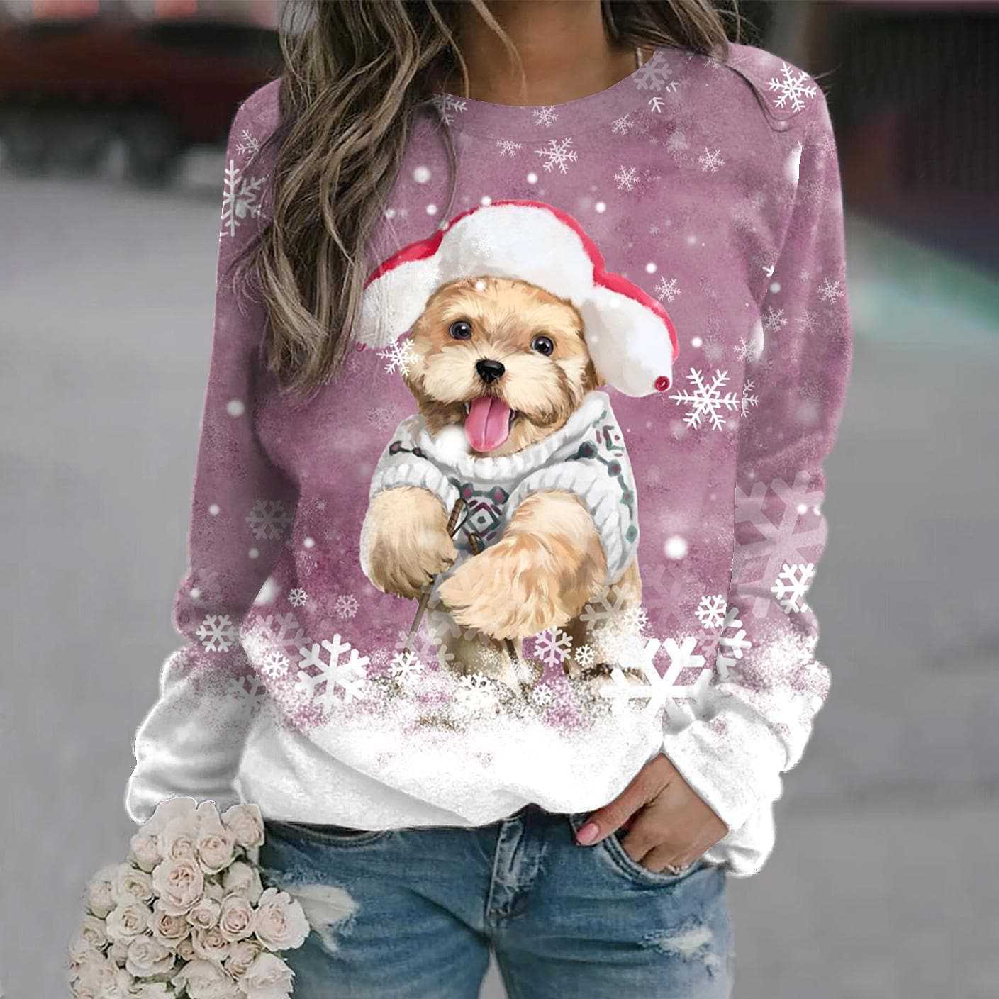 Printed Cute Round Neck Pullover Long Sleeve