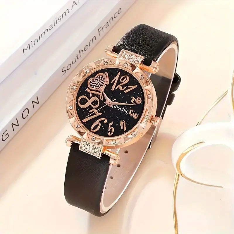 Women's Diamond Dial Belt Quartz Watch Beaded Bracelet Suit