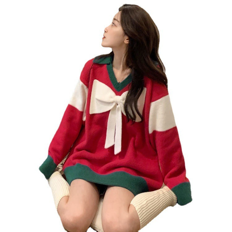 Fashion Christmas Red Bow Sweater For Women