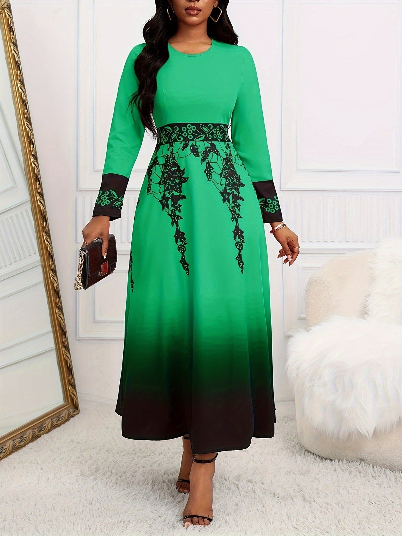 Women's Long Sleeve High Waist Print Gradient Large Swing Dress