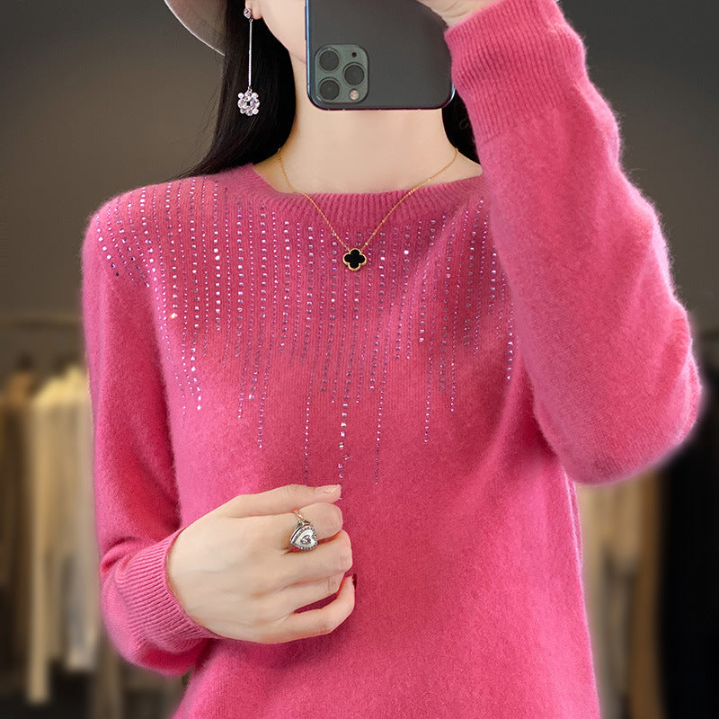 Round Neck Rhinestone Long-sleeved Knitted Bottoming Shirt Women's Pullover Sweater