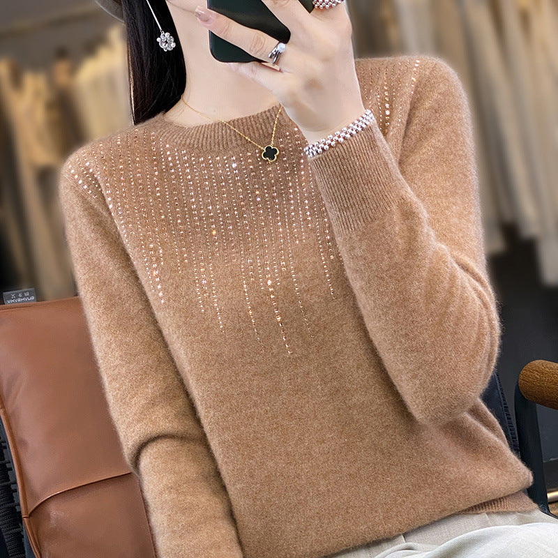 Round Neck Rhinestone Long-sleeved Knitted Bottoming Shirt Women's Pullover Sweater