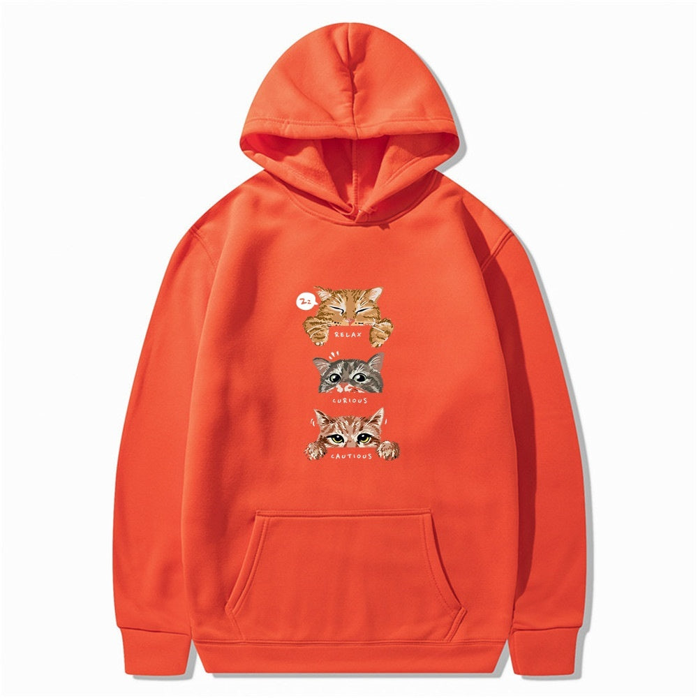 Cat Print Hooded Pullover Leisure Sweatshirt