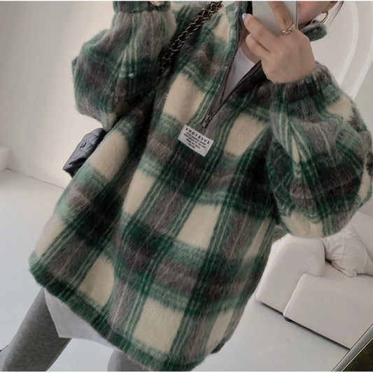 Autumn And Winter Niche Temperament Stand Collar Plaid Woolen Sweater For Women