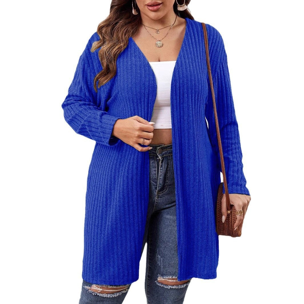 Sunken Stripe Brushed Plus Size Women's Mid-length Solid Color And V-neck Long-sleeved Cardigan