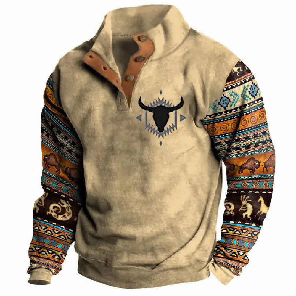 Winter Digital Printing Long Sleeve Stand Collar Half Button Sweater Men