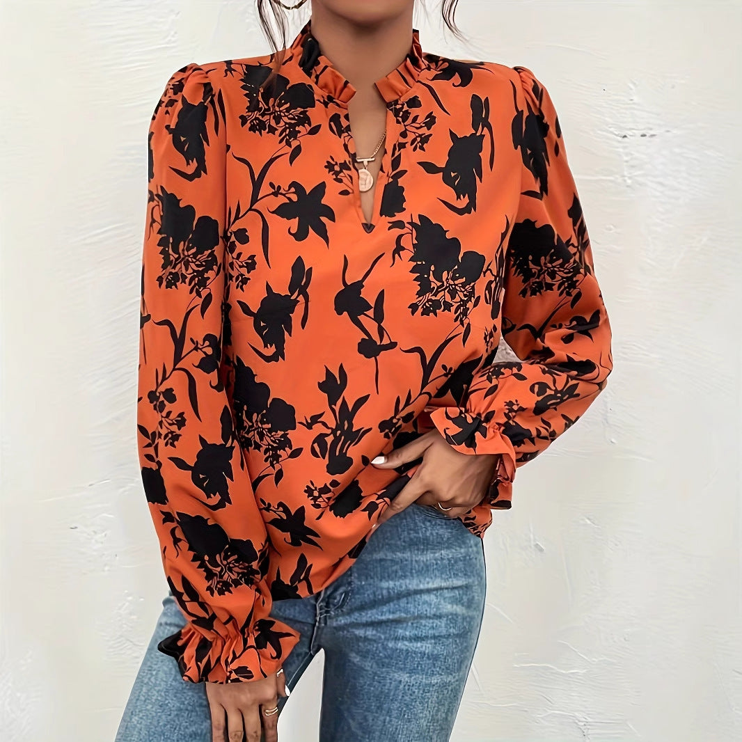 French Floral Print Ruffle Sleeve Collar Shirt