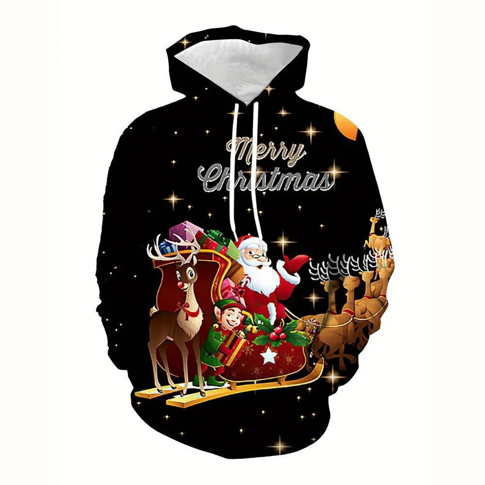 Elk And Santa Claus Printed Hoodie