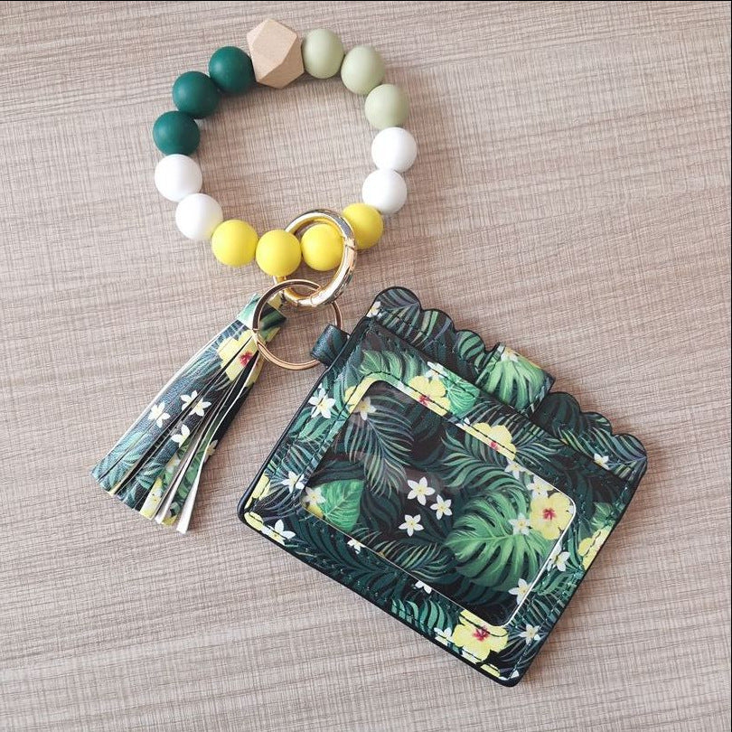 Fashion Beaded Bracelet Girls Small Wallet Lemon Printing Card Holder Silicone Beads Bracelet Keychain Credit