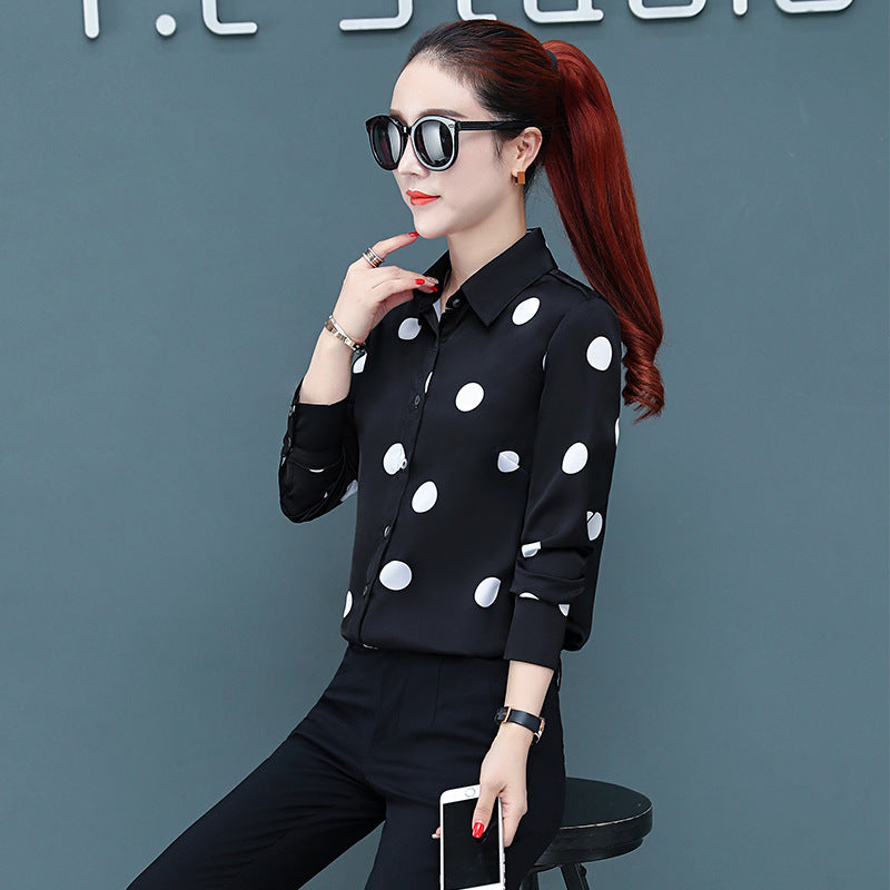 Spring And Autumn Long Sleeve Shirt Women's Korean-style Fashionable Chiffon Shirt Black And White Polka Dot Printed Shirt Bottoming Shirt Top