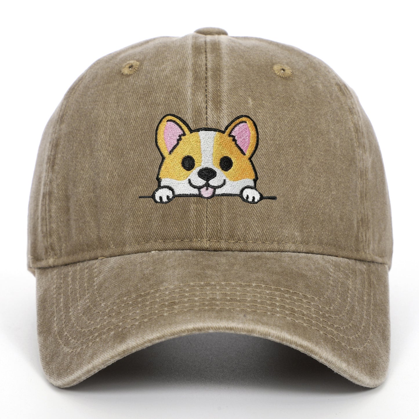 Corgi Embroidered Baseball Fashionable Washed Sports Cap