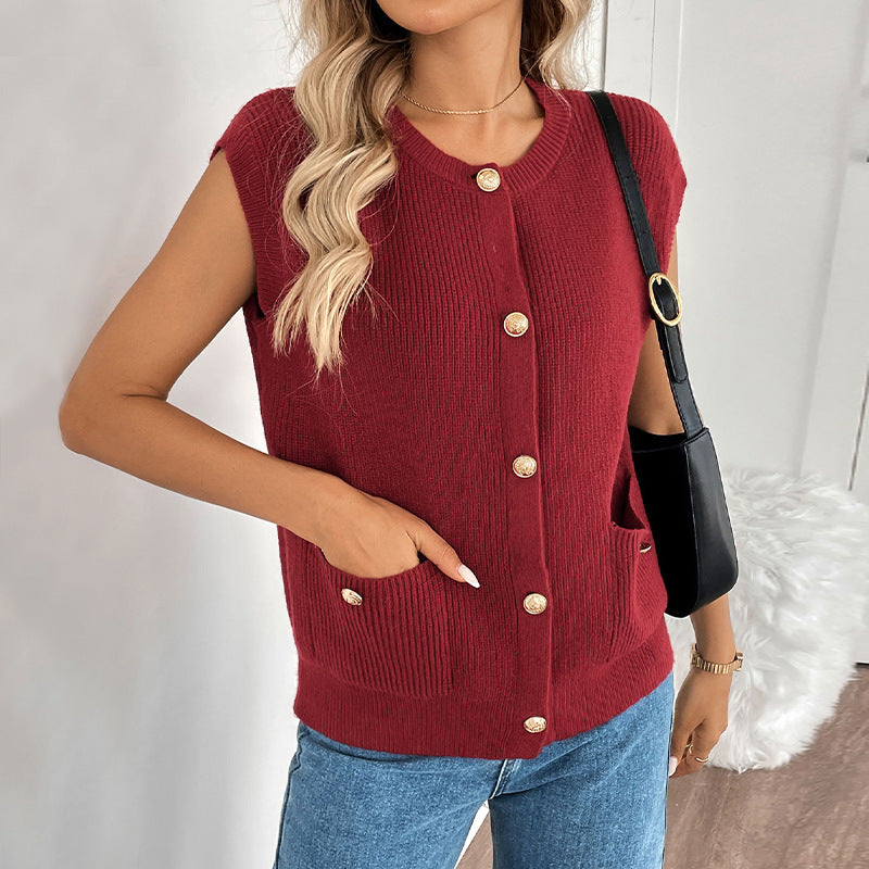 Knitted Round Neck Sleeveless Red Sweater