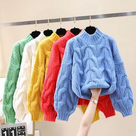 Half-high Collar Long Sleeves Pullover Women's Sweater Autumn And Winter Loose Base Ride Puff Sleeve Knitted Top