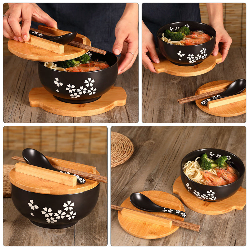 Ceramic Noodle Rice Bowl with Cover Japanese Style Soup Bowl Dinnerware