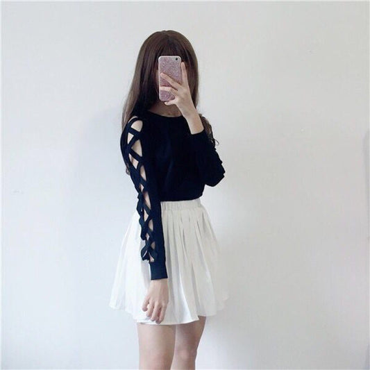 Spring And Autumn Pullover Sexy Cutout Round Neck Knitted Bottoming Shirt