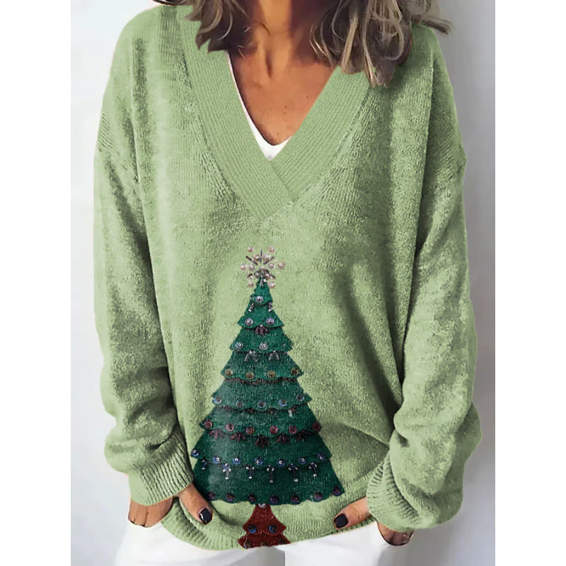 European And American Christmas Series V-neck Printed Sweater