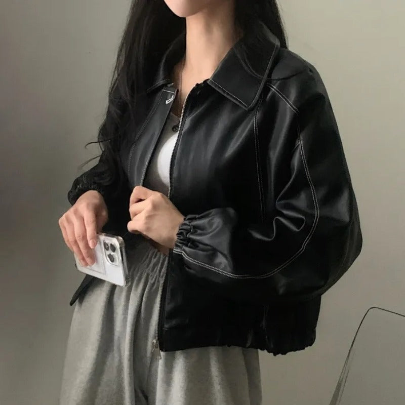 Fashion And Handsome Leather Coat Women