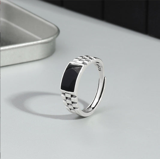 Vintage Checkerboard Single Ring Normcore Style Black Epoxy