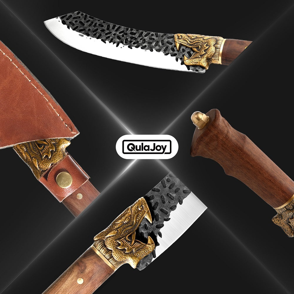 Qulajoy Boning Knife - Hand Forged Camping Knife 7Cr17MOV Blade - Dragon Head Handle And Leather Sheath - Unique Dragon Style - Viking Knife For Hunting & Camping