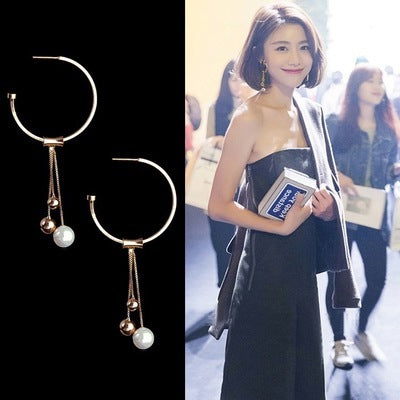 Geometric circle earrings female s925 sterling silver tassel long section pearl earrings fashion hypoallergenic earrings