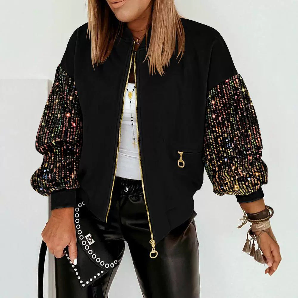 Women's New Colorful Sequin Stitching Long-sleeved Coat