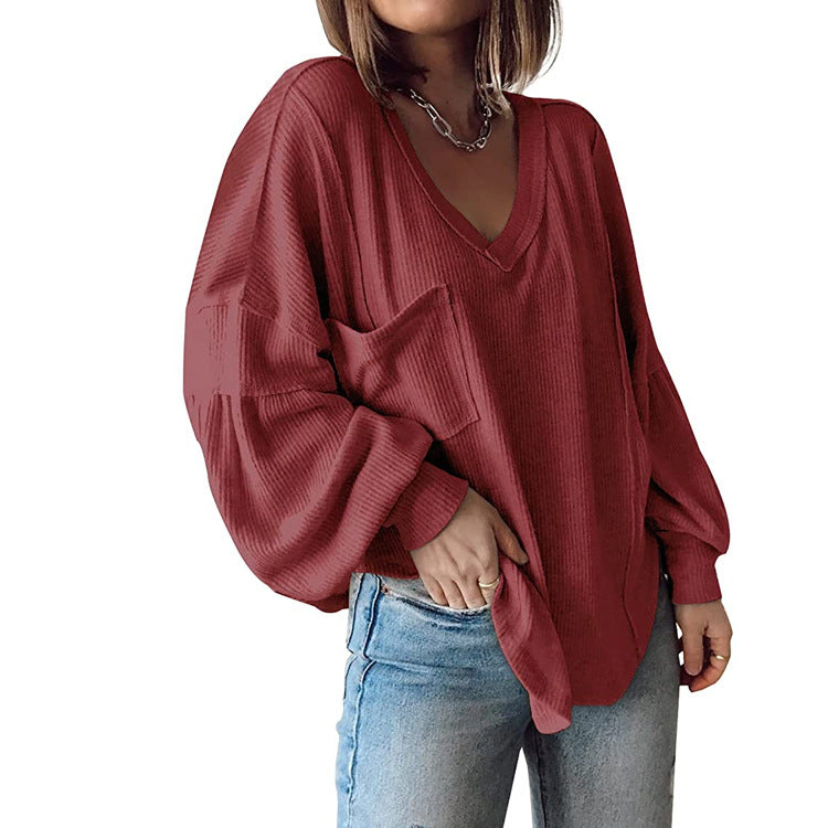 Casual V-neck Pocket Lantern Sleeve Loose Knitted Pullover Shirt Women