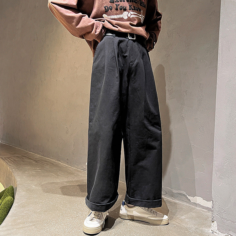 Men's Simple Japanese Loose Straight Washed Cotton Trousers