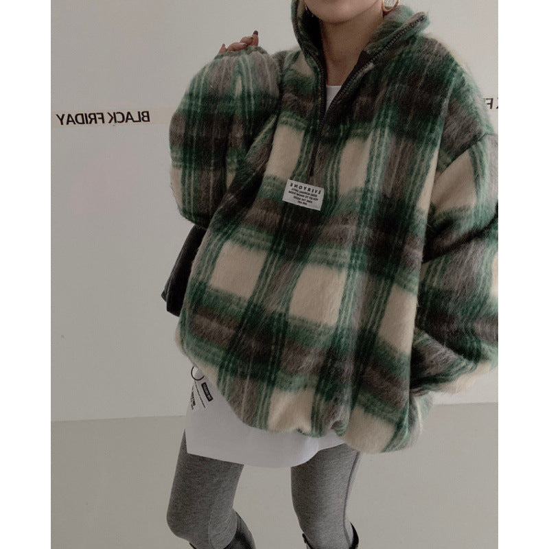 Autumn And Winter Niche Temperament Stand Collar Plaid Woolen Sweater For Women