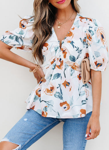 Green Floral Print Puff Sleeve V Neck Babydoll Blouse