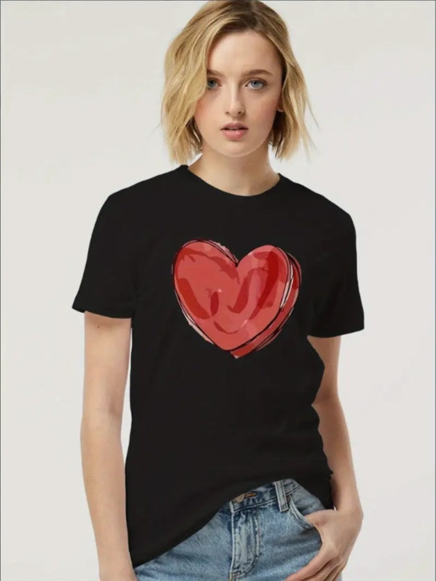 Chic Heart Print Casual Sports Tee For Girls - Crew Neck, Machine Washable - Perfect Summer Top