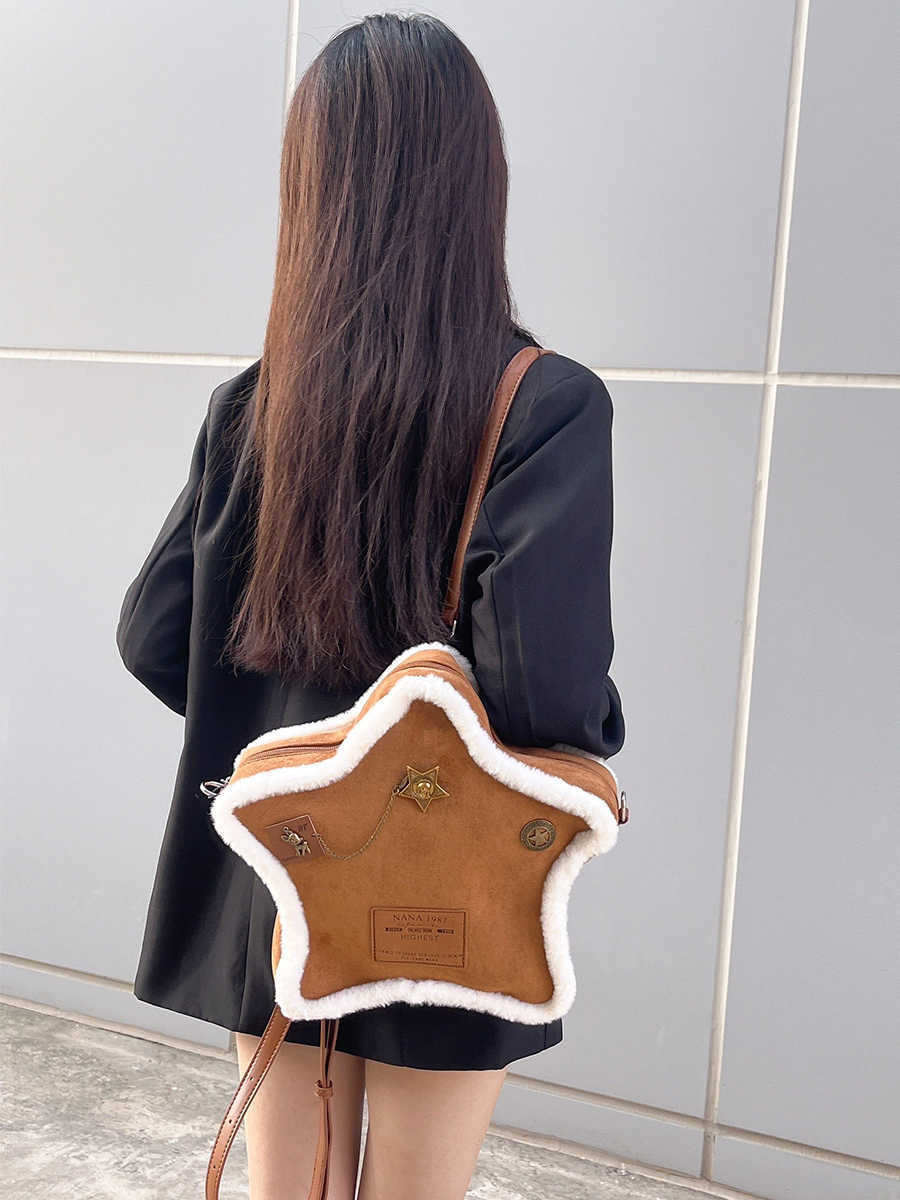 Suede Badge Five-pointed Star Backpack Vintage Furry Shoulder Bag