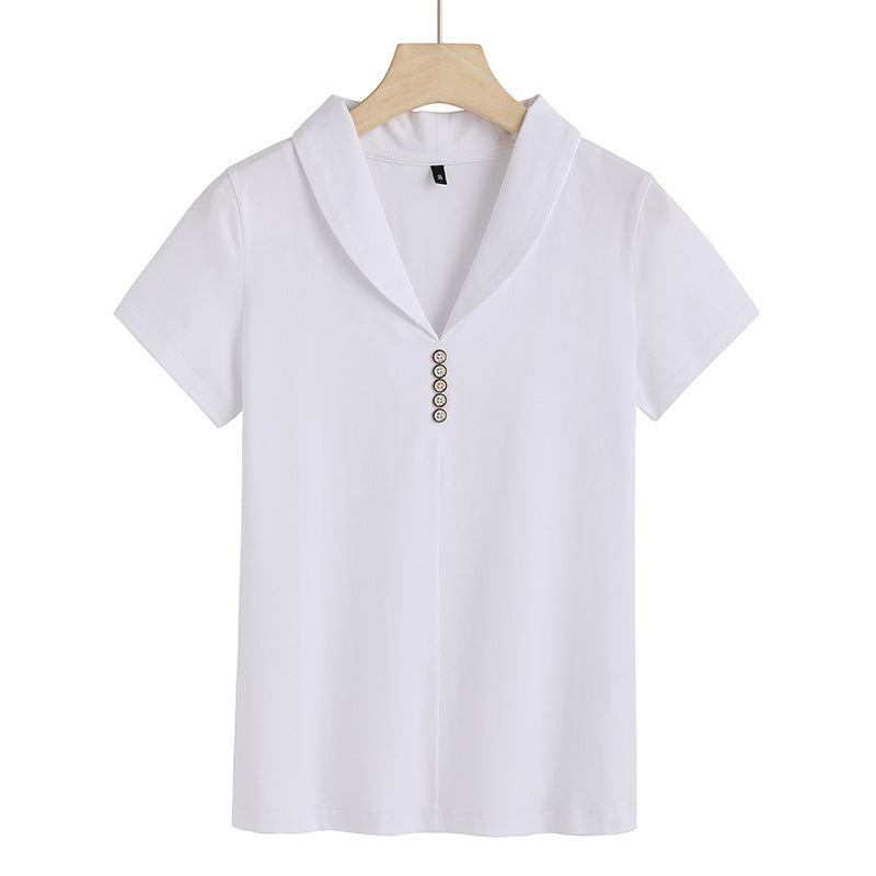 Slim-fit Split Solid Color And V-neck Button Short Sleeve