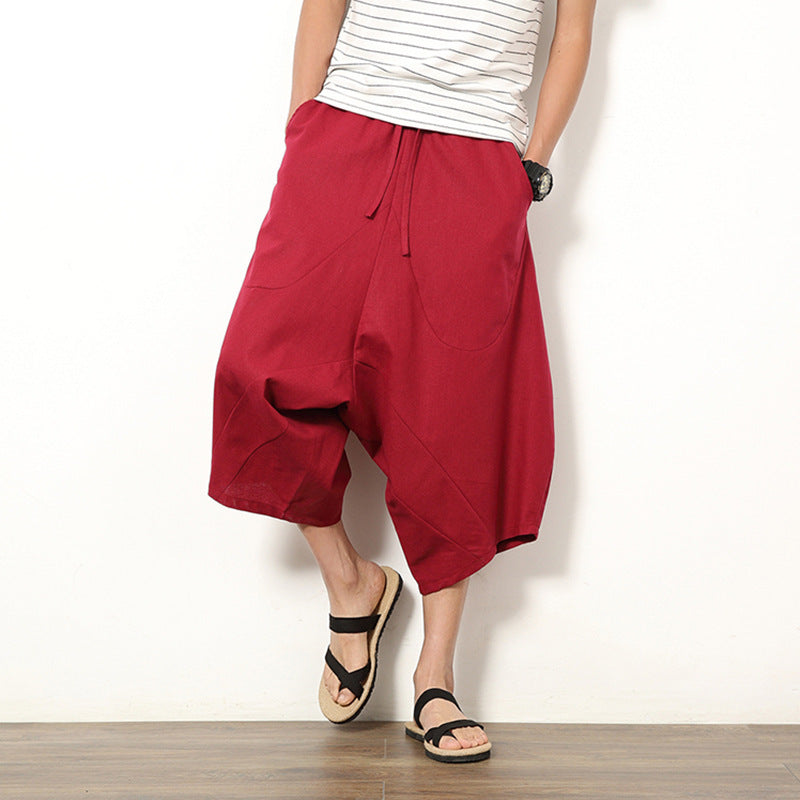 Men's Casual Retro Solid Color Cotton And Linen Lantern Pants