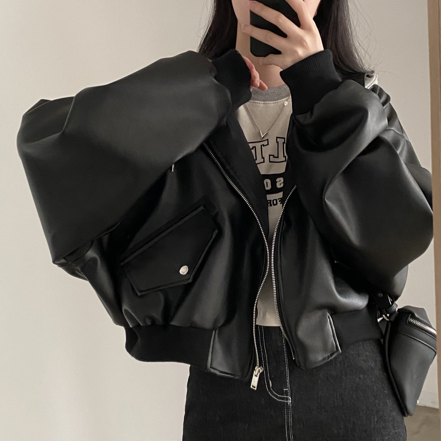 Fake Two-piece Short Leather Jacket Coat