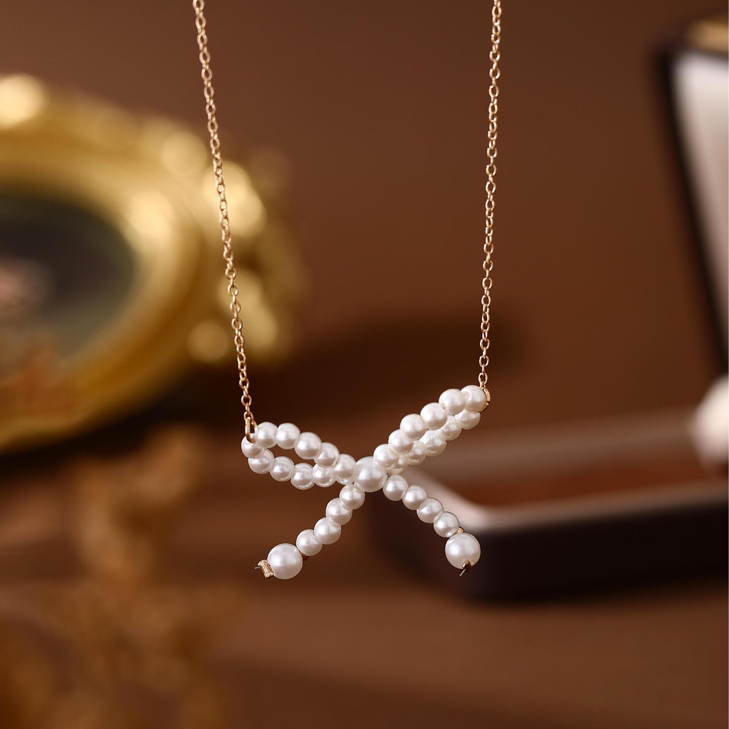 Bow Pearl Necklace Electroplated 18K Real Gold