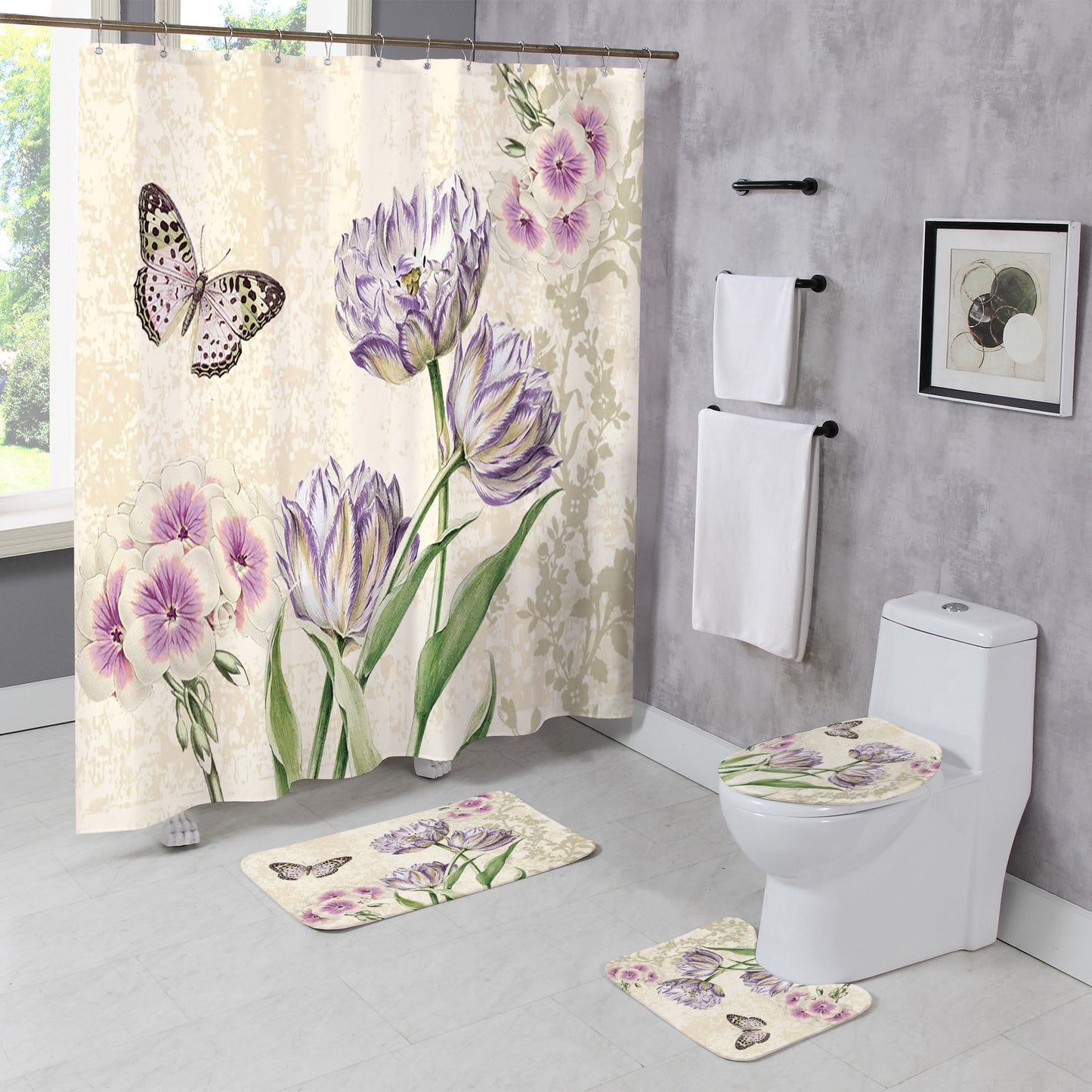 Hot Sale Cross-border Door Curtain Printing Carpet Floor Mat Combination Bathroom Toilet Mat Suit