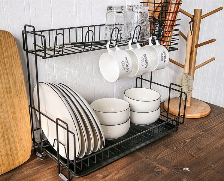 Multi-function kitchen storage rack double tableware dish drain rack iron storage rack