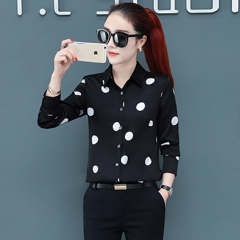 Spring And Autumn Long Sleeve Shirt Women's Korean-style Fashionable Chiffon Shirt Black And White Polka Dot Printed Shirt Bottoming Shirt Top