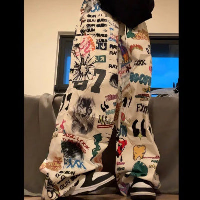 Men's And Women's Drawstring Wide-leg Pants Graffiti Pants