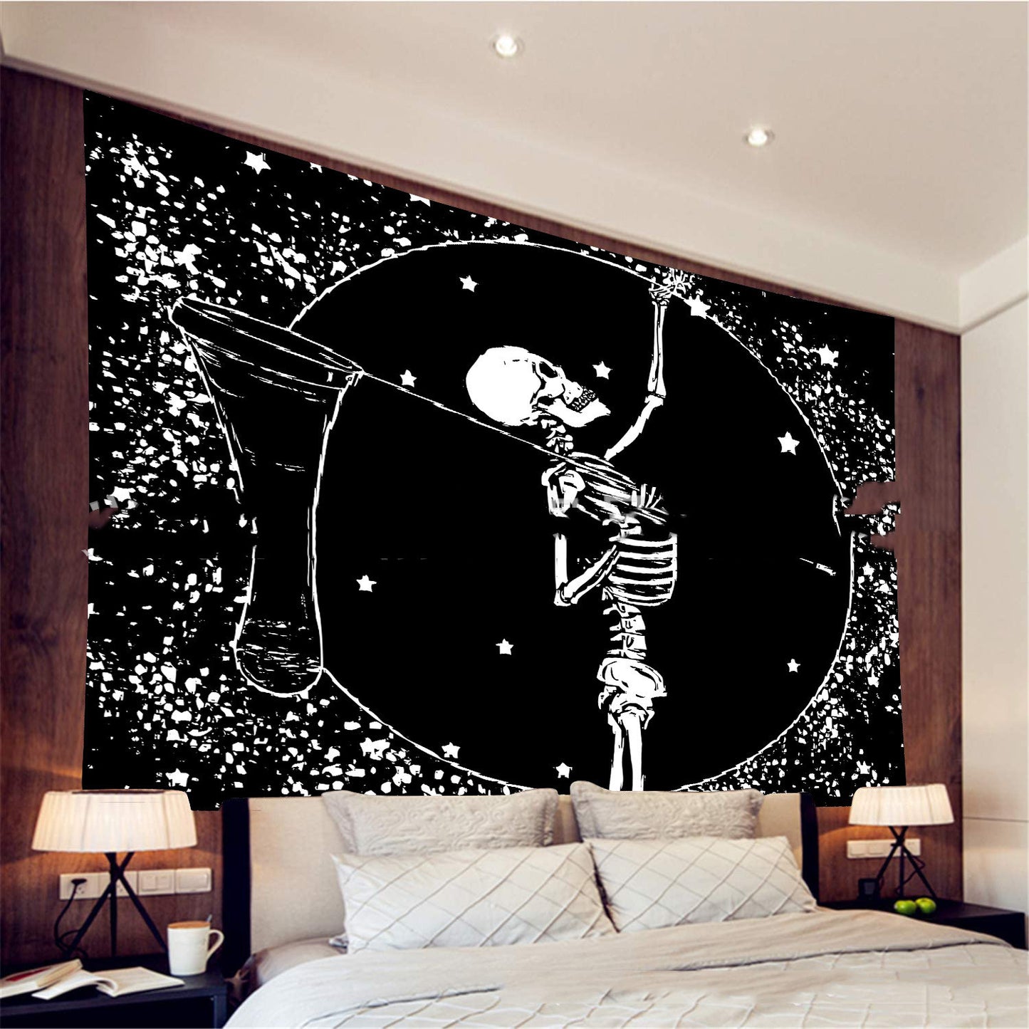 Boho Hippie Black Skull Print Tapestry