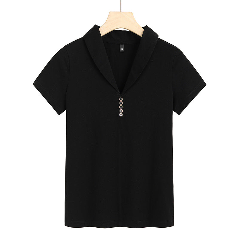 Slim-fit Split Solid Color And V-neck Button Short Sleeve