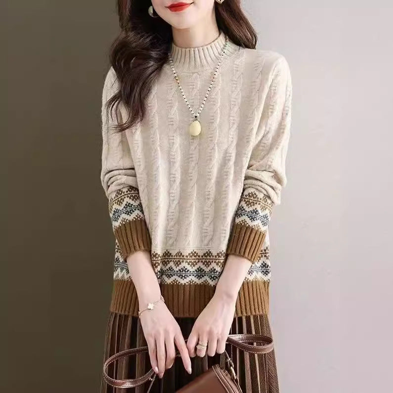 Women's Sweater Autumn And Winter New Half Turtleneck Twist Color Matching Shirt