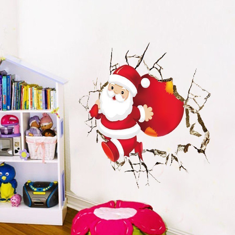 New Cute Santa Claus Broken Wall Merry Christmas Wall Stickers Living Room Home Decor 3d Vinyl New Year Wall Decal Wallpaper