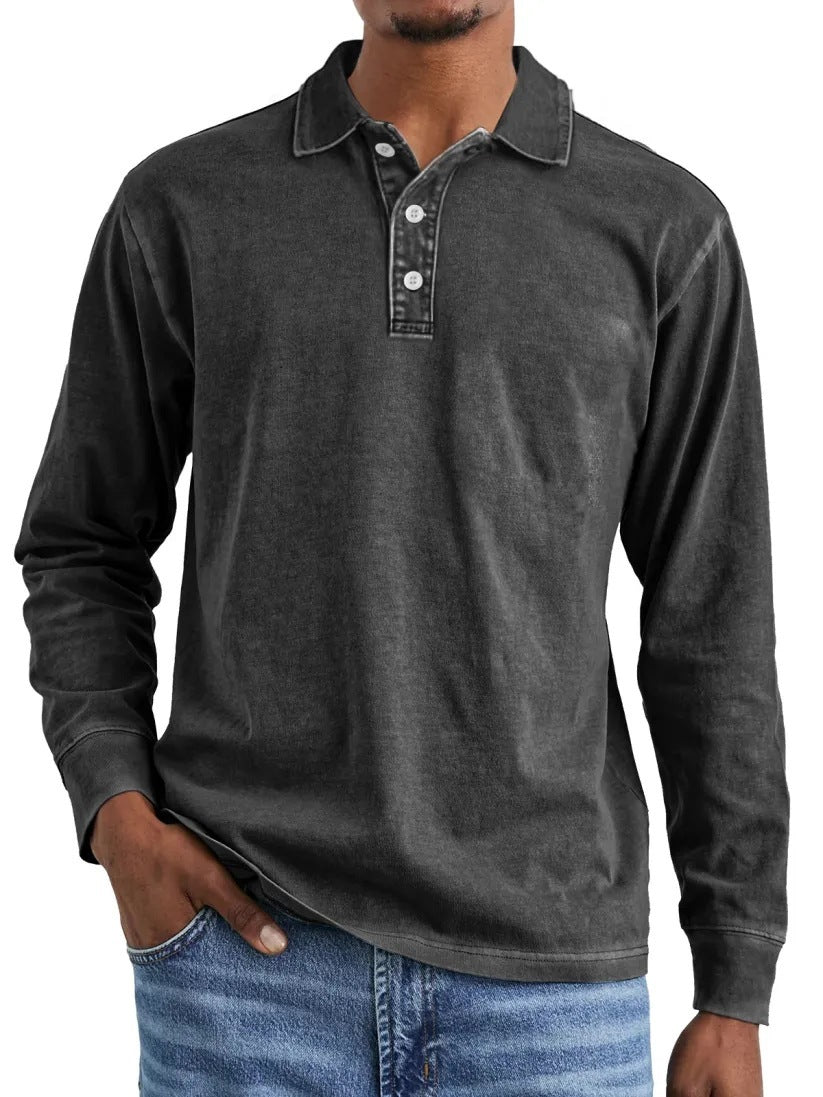 Retro Washed Distressed Cotton Lapel Long Sleeve Polo Shirt