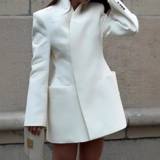 White Elegant Padded Shoulder Suit Jacket Women's Lapel